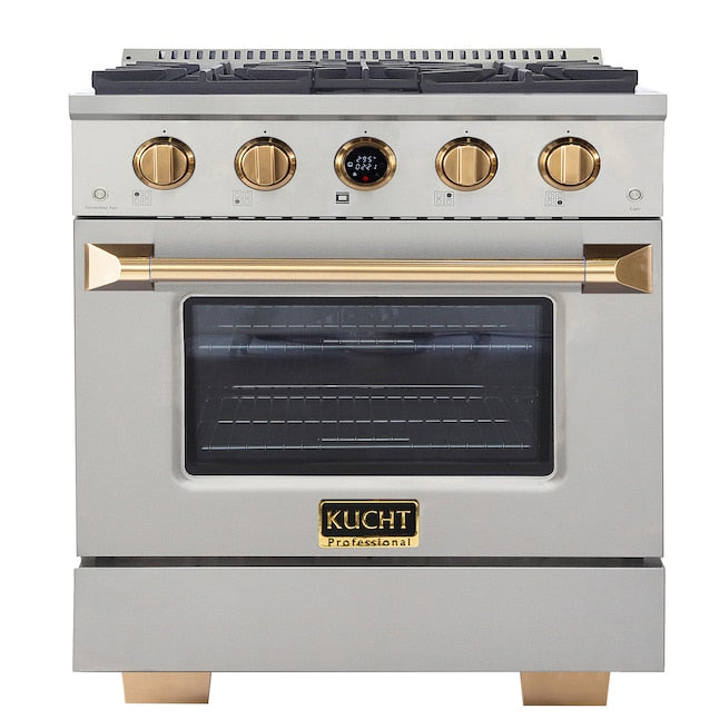 Kucht 30" 4.2 cu. ft. 4 Burner Propane Gas Dual Fuel Range in Stainless Steel with Gold Accents and Digital Thermostat