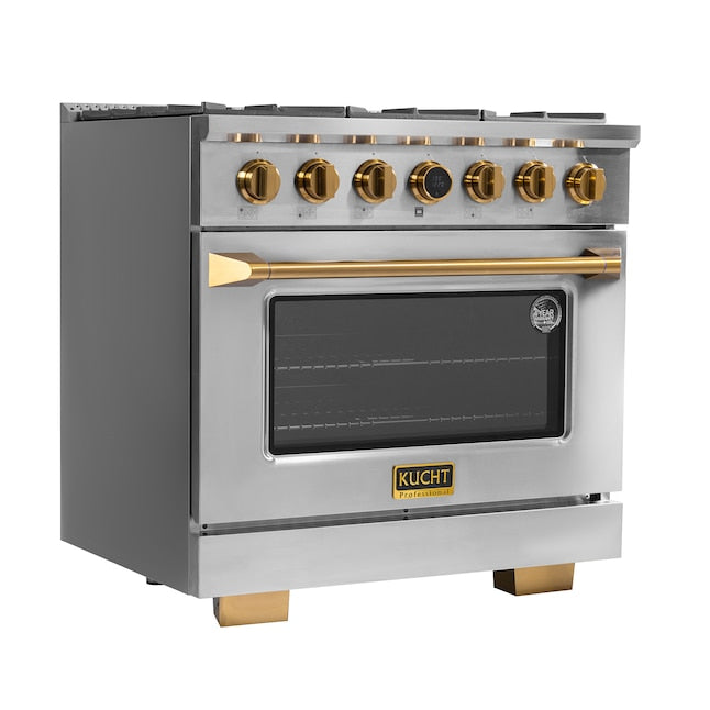 Kucht 36" 5.2 cu. ft. 6 Burner Propane Gas Dual Fuel Range in Stainless Steel with Gold Accents and Digital Thermostat