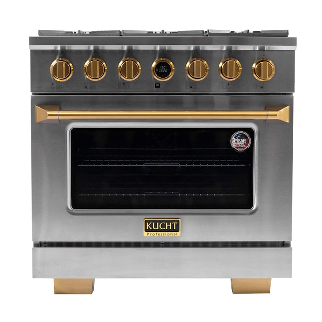 Kucht 36" 5.2 cu. ft. 6 Burner Natural Gas Dual Fuel Range in Stainless Steel with Gold Accents and Digital Thermostat