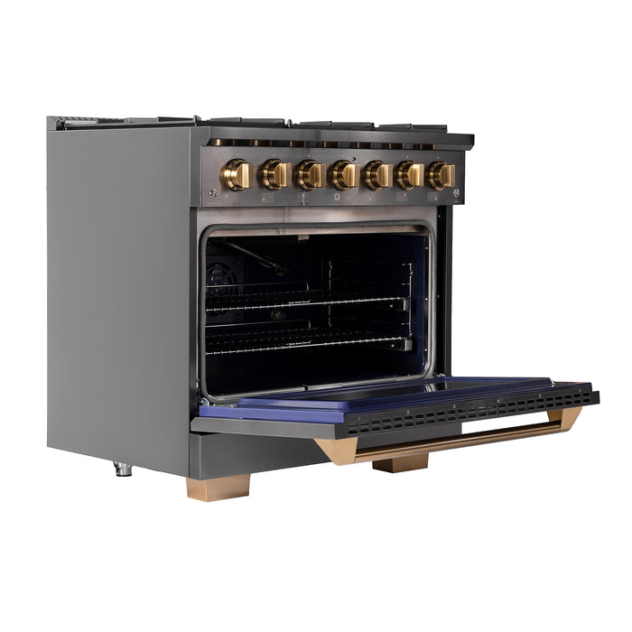 Kucht Gemstone Professional 36" 5.2 cu. ft. Dual Fuel Range in Titanium Stainless Steel with Gold Accents, KED364