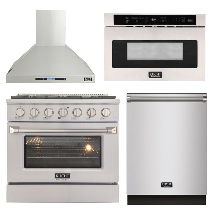 Kucht Professional 36 in. 5.2 cu ft. Natural Gas Range, Range Hood, Dishwasher & Microwave Drawer Package, AP-KNG361-S-4