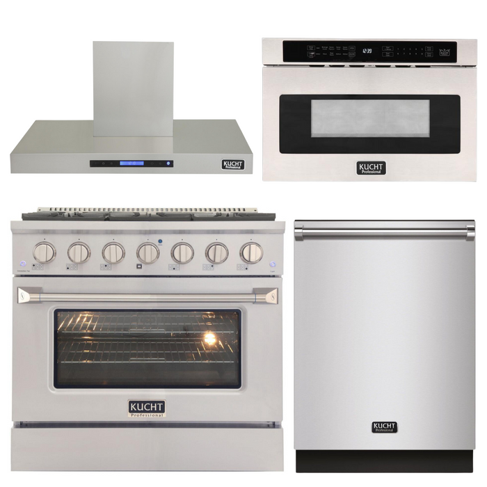 Kucht Professional 36 in. 5.2 cu ft. Natural Gas Range, Range Hood, Microwave Drawer & Dishwasher Package, AP-KNG361-S-8