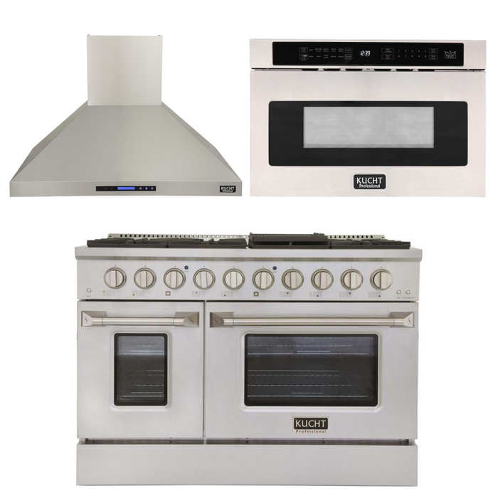 Kucht Professional 48 in. 6.7 cu ft. Natural Gas Range, Range Hood & Microwave Drawer Package, AP-KNG481-S-3