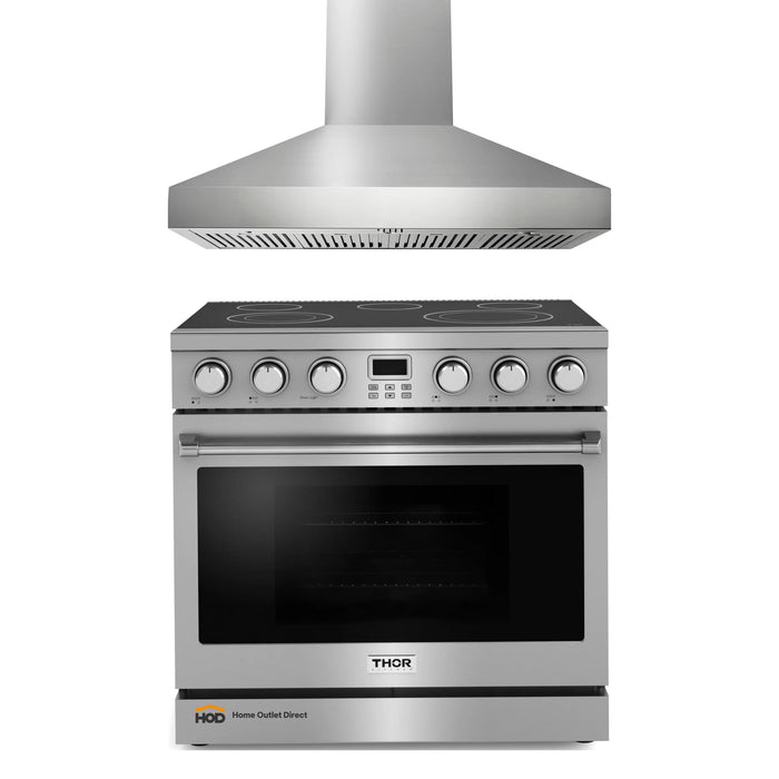 Thor Kitchen A-Series 2-Piece Appliance Package - 36-Inch Electric Range and Pro-Style Wall Mount Range Hood in Stainless Steel