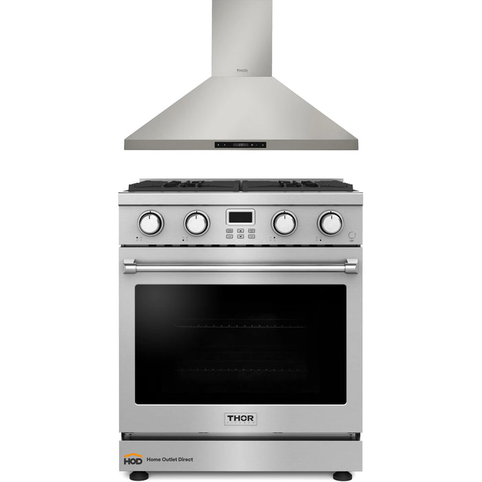 Thor Kitchen A-Series 2-Piece Appliance Package - 30-Inch Gas Range and Wall Mount Range Hood in Stainless Steel