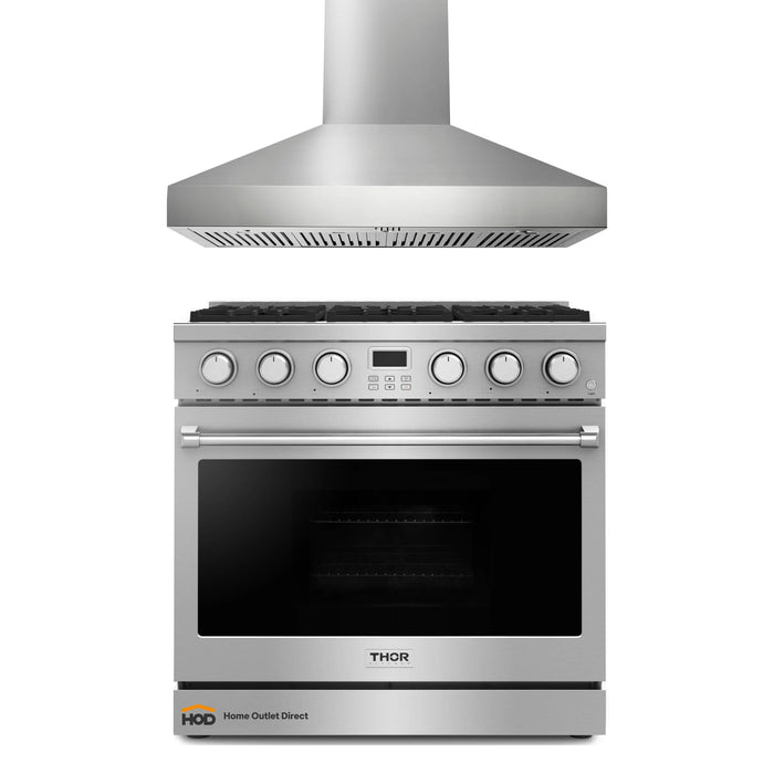 Thor Kitchen A-Series 2-Piece Appliance Package - 36-Inch Gas Range and Pro-Style Wall Mount Range Hood in Stainless Steel