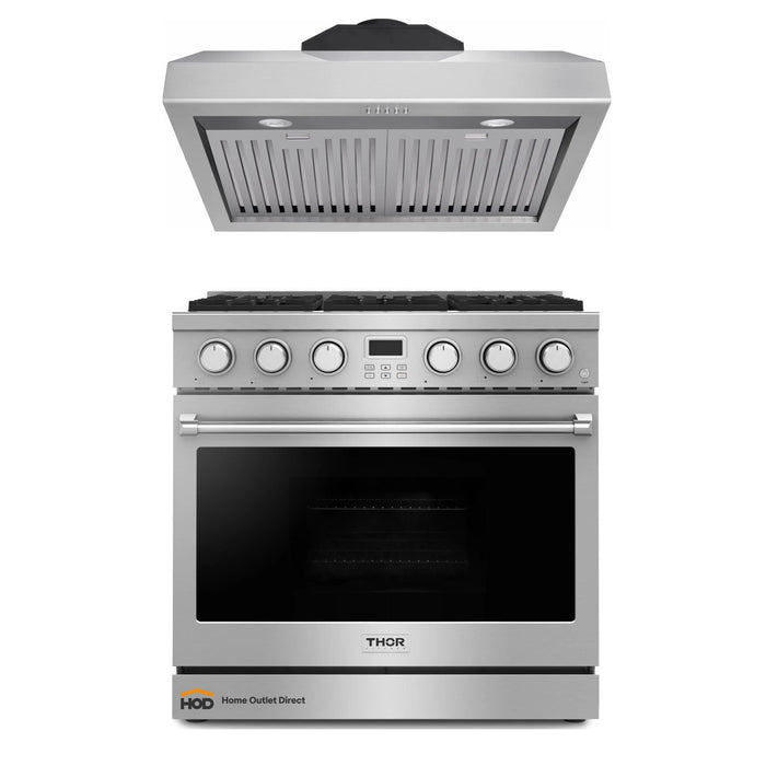 Thor Kitchen A-Series 2-Piece Appliance Package - 36-Inch Gas Range and Under Cabinet Range Hood in Stainless Steel