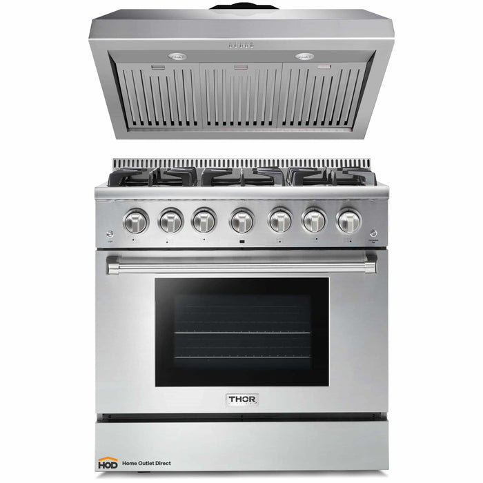 Thor Kitchen 2-Piece Pro Appliance Package - 36-Inch Gas Range & Premium Under Cabinet Hood in Stainless Steel