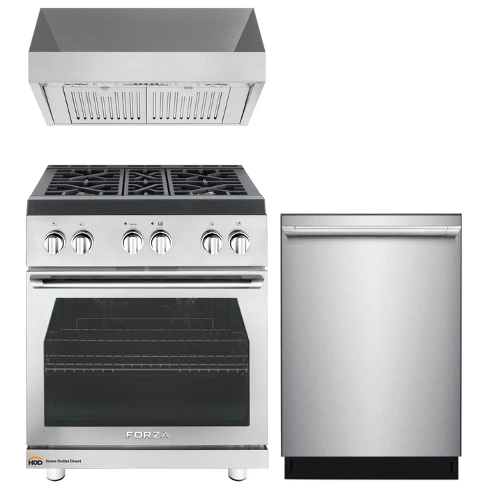 Forza 3-Piece Appliance Package - 30-Inch Gas Range, 18-Inch Pro-Style Under Cabinet Range Hood, & 24-Inch Dishwasher in Stainless Steel