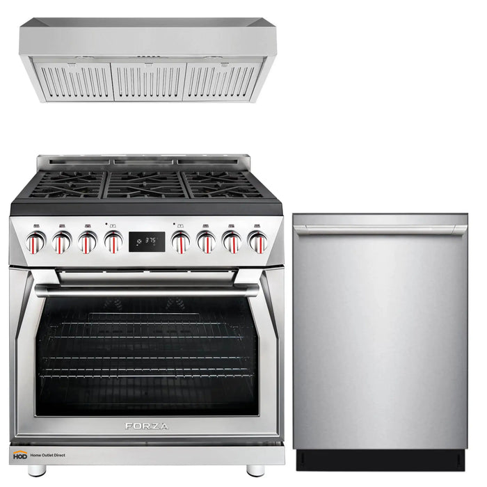 Forza 3-Piece Appliance Package - 36-Inch Dual Fuel Range, 11-Inch Pro-Style Under Cabinet Range Hood, & 24-Inch Dishwasher in Stainless Steel