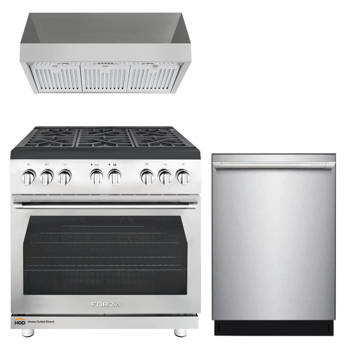 Forza 3-Piece Appliance Package - 36-Inch Gas Range, 18-Inch Pro-Style Under Cabinet Range Hood, & 24-Inch Dishwasher in Stainless Steel