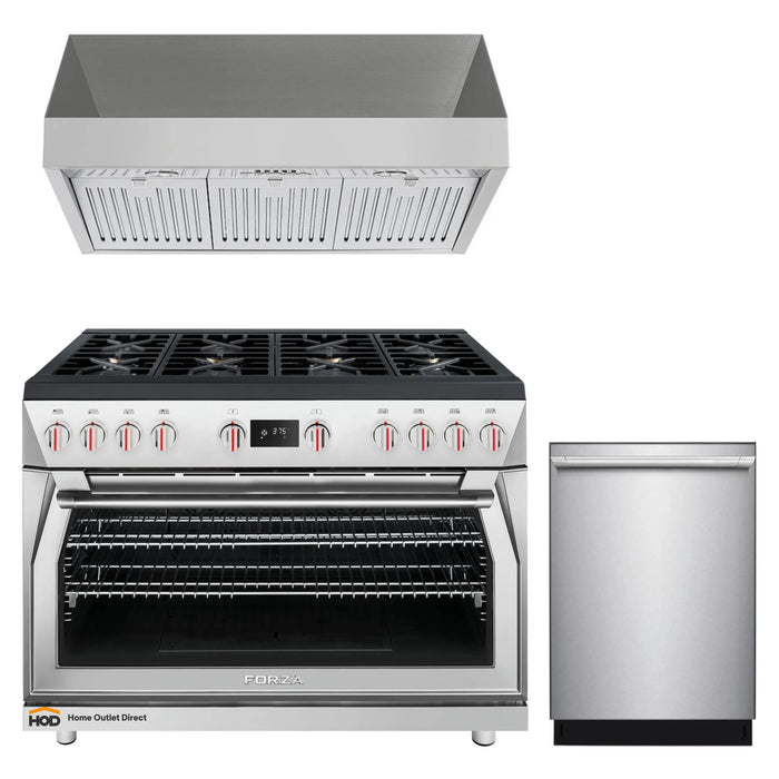 Forza 3-Piece Appliance Package - 48-Inch Dual Fuel Range, Pro-Style Range Hood, and 24-Inch Dishwasher in Stainless Steel