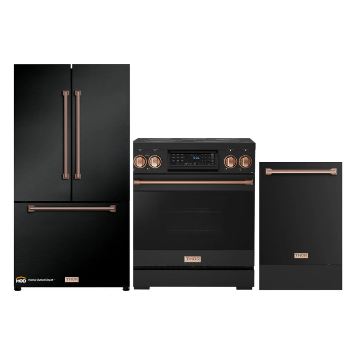 Thor Kitchen Gordon Ramsay 3-Piece Appliance Package - 30-Inch Electric Range with Tilt Panel Touch Control, Refrigerator, and Dishwasher in Black with Rose Gold Trim