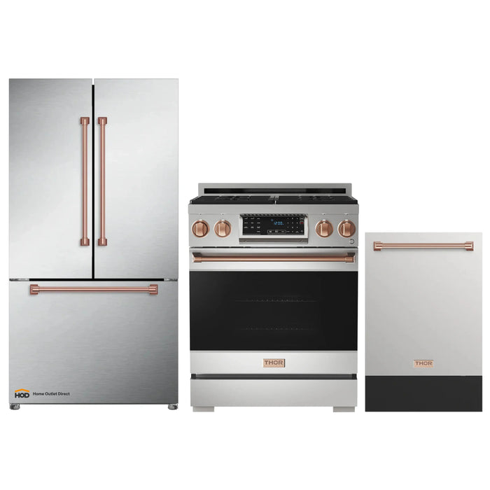 Thor Kitchen Gordon Ramsay 3-Piece Appliance Package - 30-Inch Gas Range with Tilt Panel, Refrigerator, and Dishwasher in Stainless Steel with Rose Gold Trim