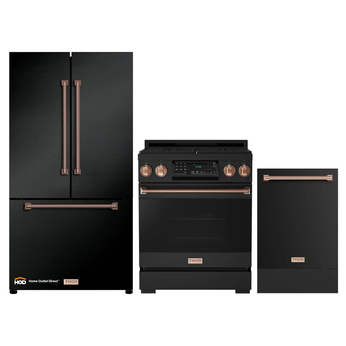 Thor Kitchen Gordon Ramsay 3-Piece Appliance Package - 30-Inch Gas Range with Tilt Panel, Refrigerator, and Dishwasher in Black with Rose Gold Trim