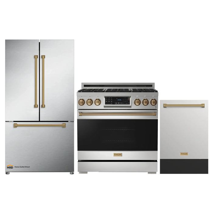 Thor Kitchen Gordon Ramsay 3-Piece Appliance Package - 36-Inch Gas Range with Tilt Panel, Refrigerator, and Dishwasher in Stainless Steel with Bronze Trim