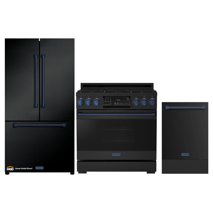 Thor Kitchen Gordon Ramsay 3-Piece Appliance Package - 36-Inch Gas Range with Tilt Panel, Refrigerator, and Dishwasher in Black with Blue Trim