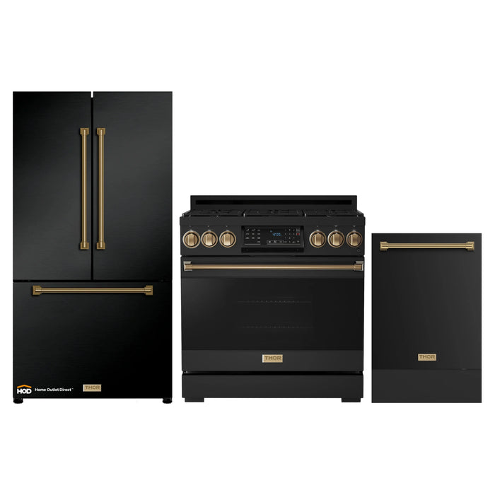 Thor Kitchen Gordon Ramsay 3-Piece Appliance Package - 36-Inch Gas Range with Tilt Panel, Refrigerator, and Dishwasher in Black with Bronze Trim