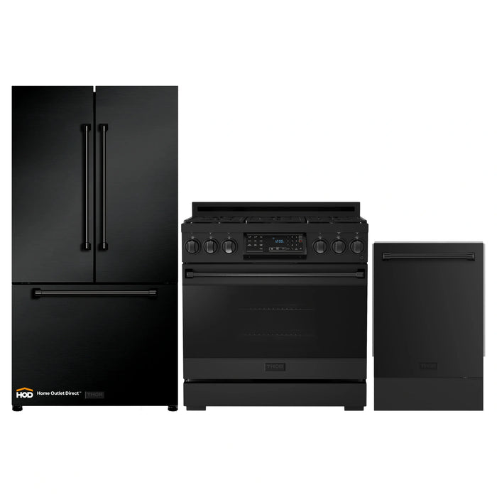 Thor Kitchen Gordon Ramsay 3-Piece Appliance Package - 36-Inch Gas Range with Tilt Panel, Refrigerator, and Dishwasher in Black