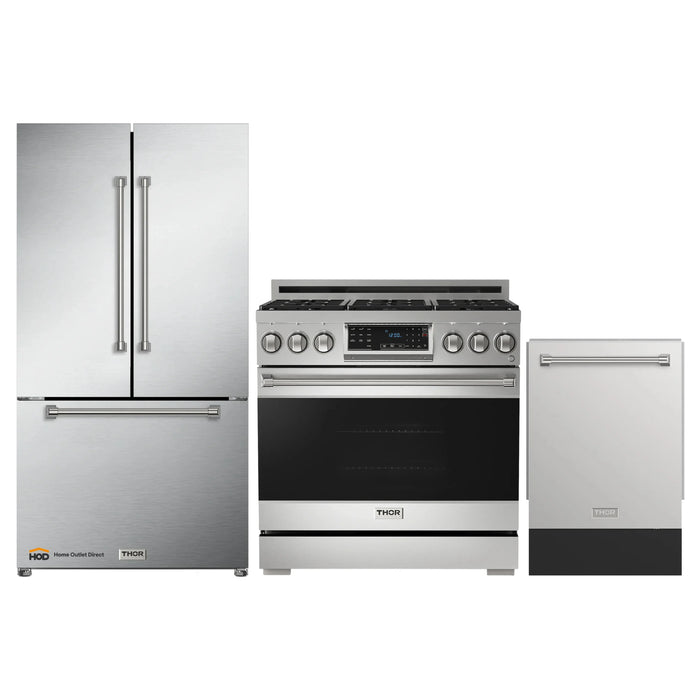 Thor Kitchen Gordon Ramsay 3-Piece Appliance Package - 36-Inch Gas Range with Tilt Panel, Refrigerator, and Dishwasher in Stainless Steel