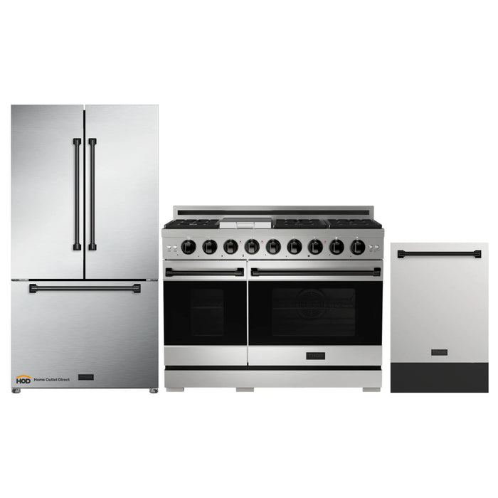 Thor Kitchen Gordon Ramsay 3-Piece Appliance Package - 48-Inch Gas Range with Double Oven, Refrigerator, and Dishwasher in Stainless Steel with Black Trim