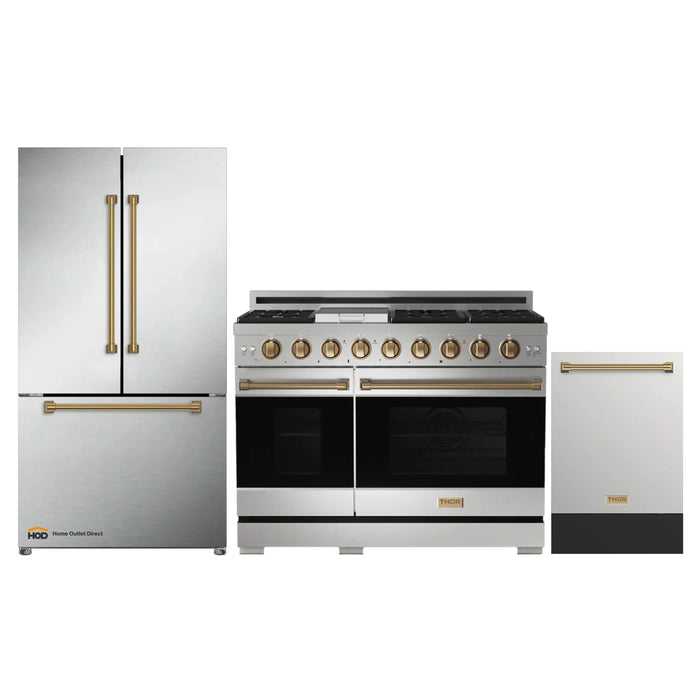 Thor Kitchen Gordon Ramsay 3-Piece Appliance Package - 48-Inch Gas Range with Double Oven, Refrigerator, and Dishwasher in Stainless Steel with Bronze Trim