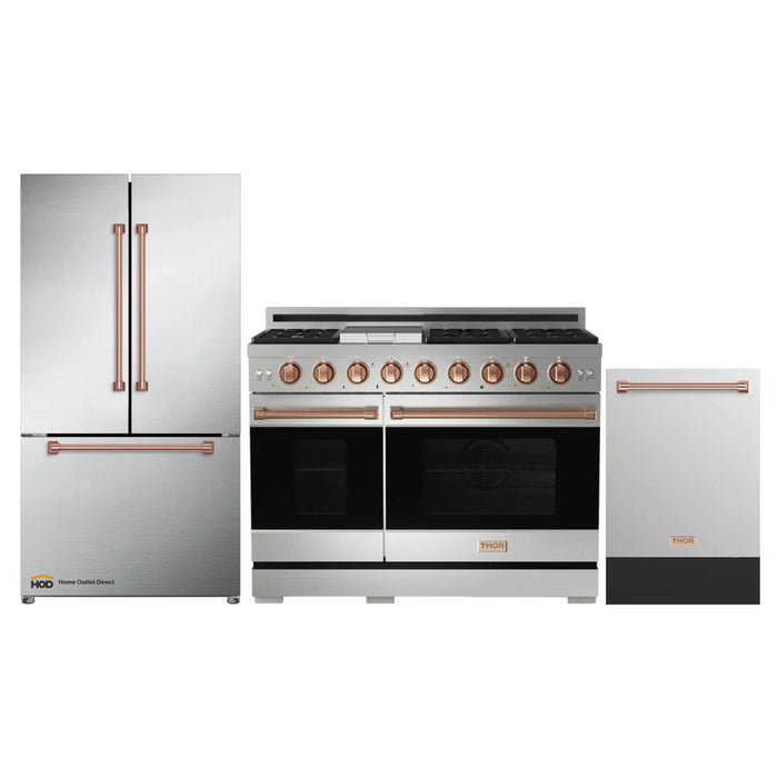 Thor Kitchen Gordon Ramsay 3-Piece Appliance Package - 48-Inch Gas Range with Double Oven, Refrigerator, and Dishwasher in Stainless Steel with Rose Gold Trim