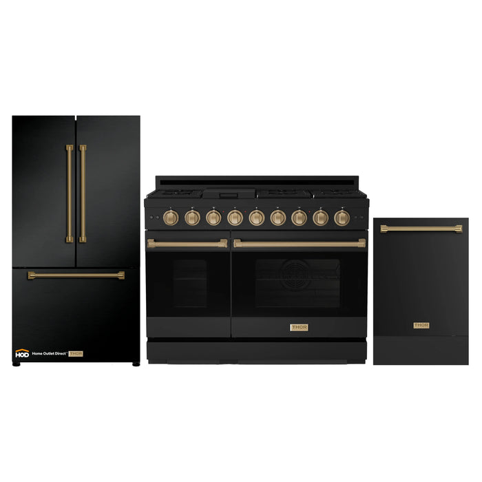 Thor Kitchen Gordon Ramsay 3-Piece Appliance Package - 48-Inch Gas Range with Double Oven, Refrigerator, and Dishwasher in Black with Bronze Trim