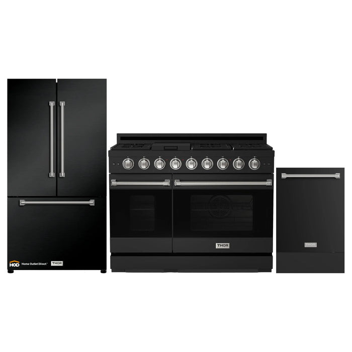 Thor Kitchen Gordon Ramsay 3-Piece Appliance Package - 48-Inch Gas Range with Double Oven, Refrigerator, and Dishwasher in Black with Stainless Steel Trim