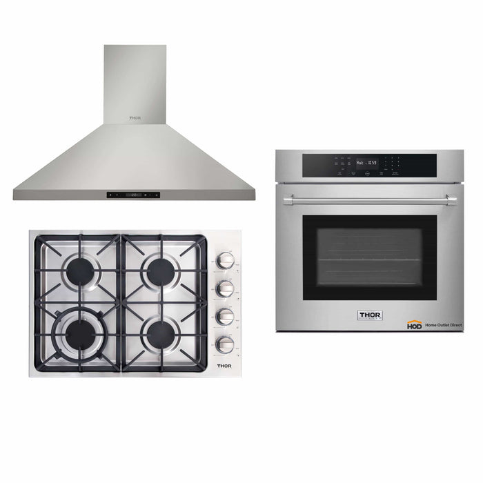 Thor Kitchen 3-Piece Pro Appliance Package - 30-Inch Gas Cooktop, Electric Wall Oven & Wall Mount Hood in Stainless Steel