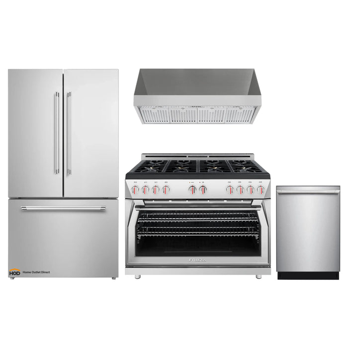 Forza 4-Piece Appliance Package - 48-Inch Gas Range, 24-Inch Tall Range Hood, 24-Inch Dishwasher and Refrigerator in Stainless Steel