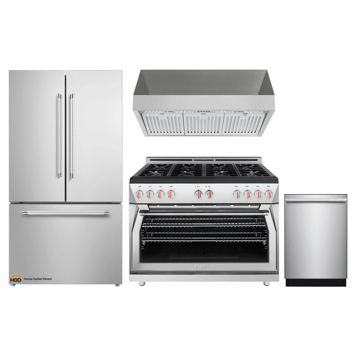 Forza 4-Piece Appliance Package - 48-Inch Gas Range, 18-Inch Tall Range Hood, 24-Inch Dishwasher and Refrigerator in Stainless Steel