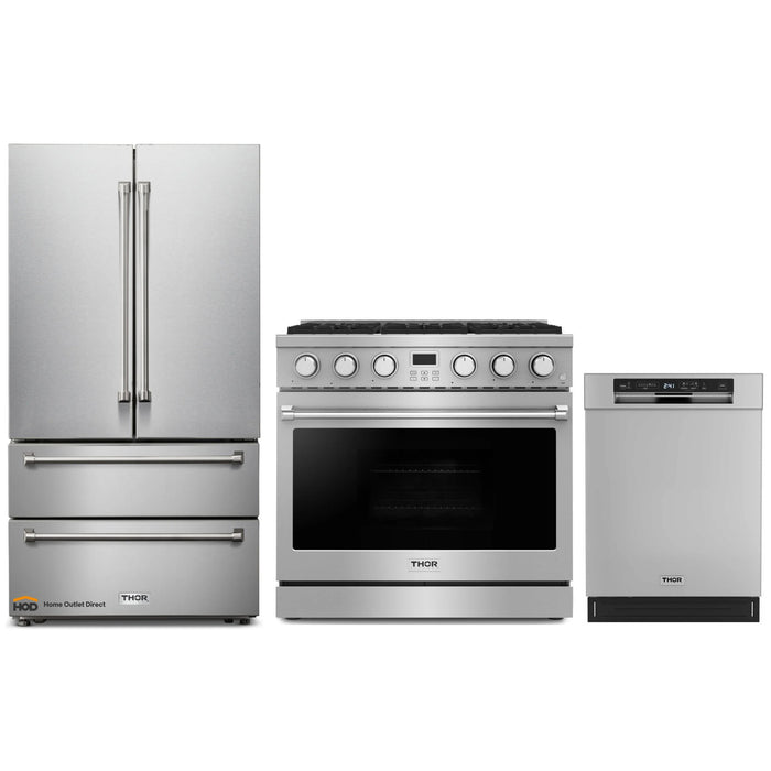 Thor Kitchen A-Series 3-Piece Appliance Package - 36-Inch Gas Range, Refrigerator, and Dishwasher in Stainless Steel