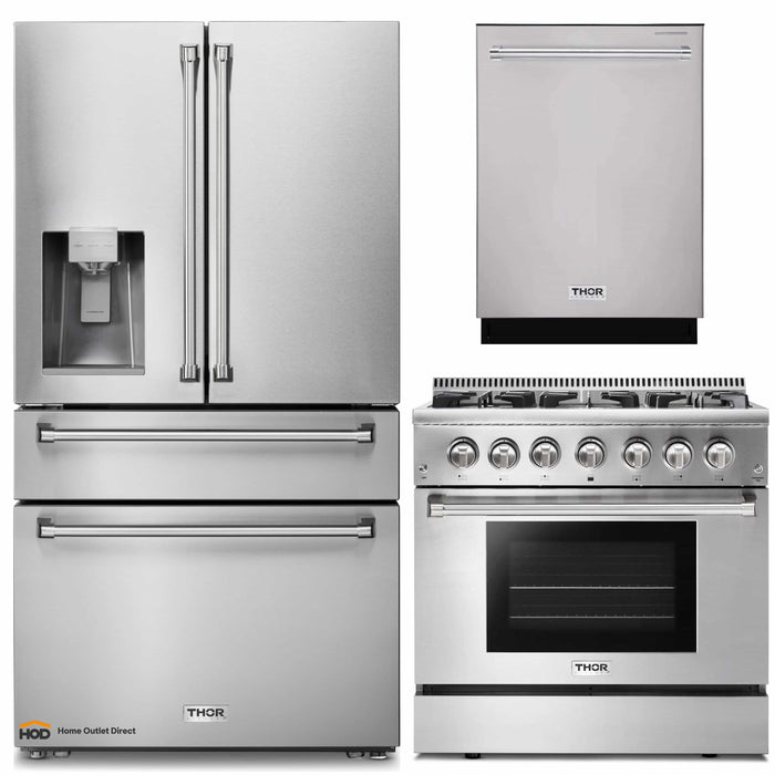 Thor Kitchen 3-Piece Pro Appliance Package - 36-Inch Dual Fuel Range, Dishwasher & Refrigerator with Water Dispenser in Stainless Steel