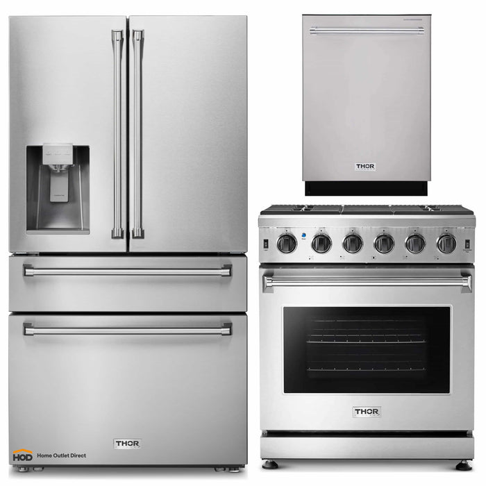 Thor Kitchen 3-Piece Appliance Package - 30-Inch Gas Range, Dishwasher & Refrigerator with Water Dispenser in Stainless Steel