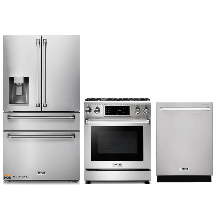 Thor Kitchen 3-Piece Appliance Package - 30-Inch Gas Range with Tilt Panel, Dishwasher & Refrigerator with Water Dispenser in Stainless Steel