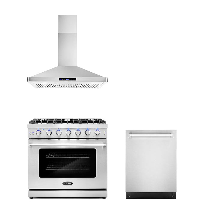 Cosmo Package - 36" Gas Range, Wall Mount Range Hood and Dishwasher, COS-3PKG-038