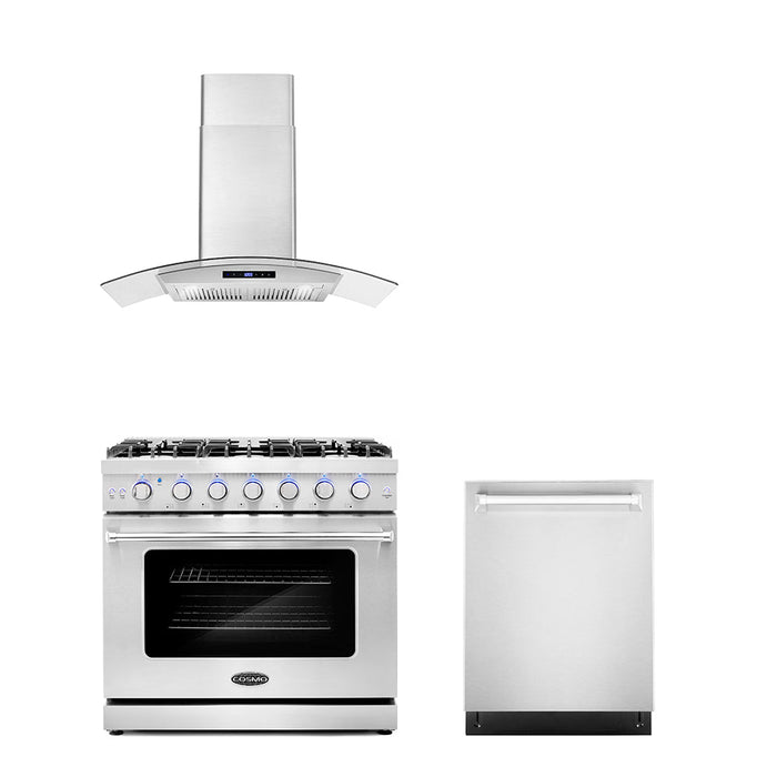 Cosmo Package - 36" Gas Range, Wall Mount Range Hood and Dishwasher, COS-3PKG-040