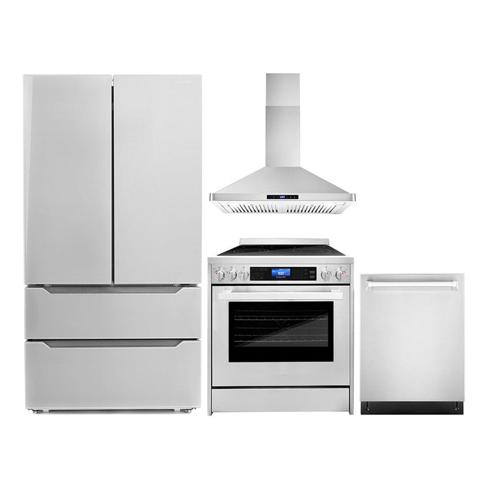 Cosmo Package - 30" Electric Range, Wall Mount Range Hood, Refrigerator with Ice Maker and Dishwasher, COS-4PKG-031