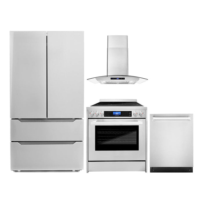 Cosmo Package - 30" Electric Range, Wall Mount Range Hood, Refrigerator with Ice Maker and Dishwasher, COS-4PKG-032