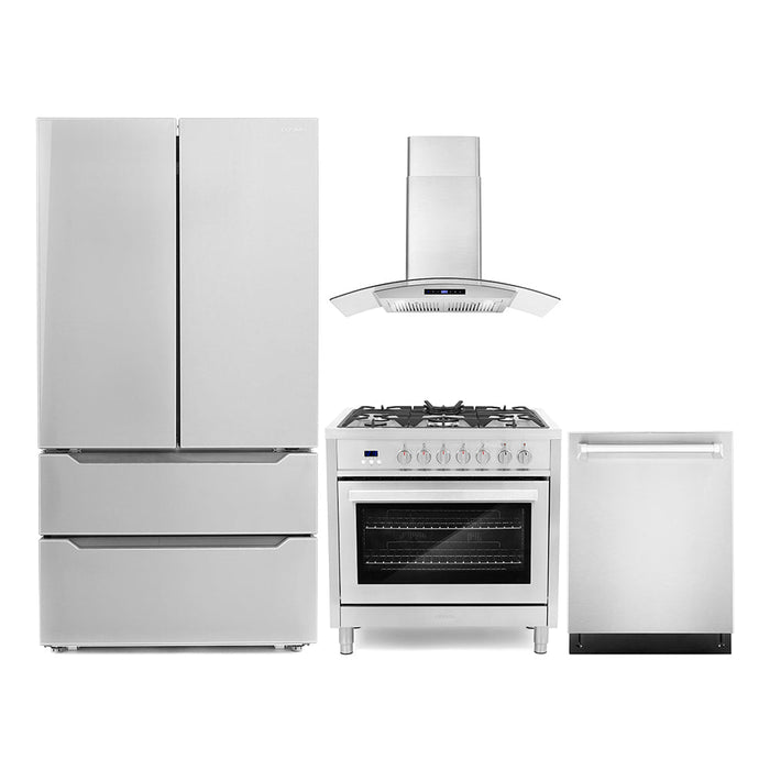 Cosmo Package - 36" Dual Fuel Range, Wall Mount Range Hood, Refrigerator with Ice Maker and Dishwasher, COS-4PKG-080