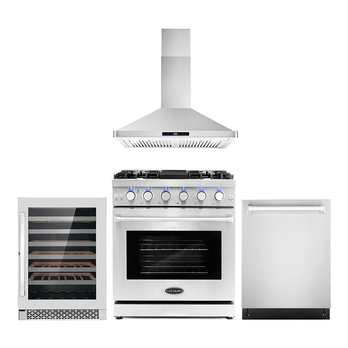 Cosmo Package - 30" Gas Range, Wall Mount Range Hood, Dishwasher and Wine Cooler, COS-4PKG-096