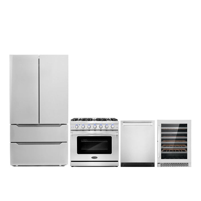 Cosmo Package - 36" Gas Range, Refrigerator with Ice Maker, Dishwasher and Wine Cooler, COS-4PKG-104