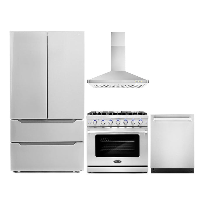 Cosmo Package - 36" Gas Range, Wall Mount Range Hood, Refrigerator with Ice Maker and Dishwasher, COS-4PKG-108