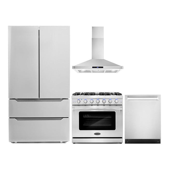 Cosmo Package - 36" Gas Range, Wall Mount Range Hood, Refrigerator with Ice Maker and Dishwasher, COS-4PKG-114