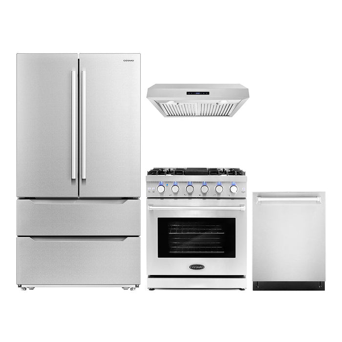 Cosmo Package - 30" Gas Range, Under Cabinet Range Hood, Refrigerator with Ice Maker and Dishwasher, COS-4PKG-255