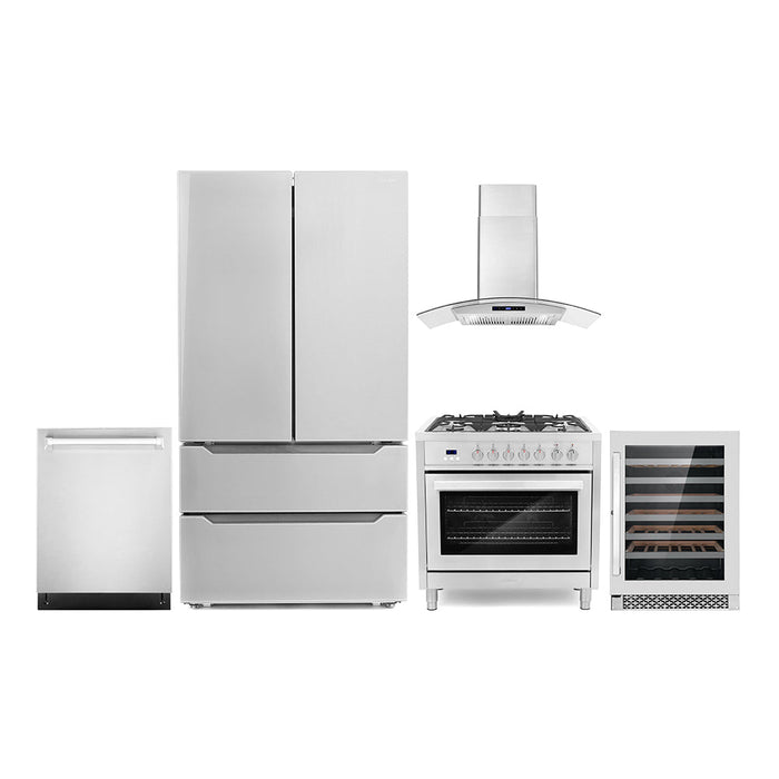 Cosmo Package - 36" Dual Fuel Range, Wall Mount Range Hood, Dishwasher, Refrigerator with Ice Maker and Wine Cooler, COS-5PKG-070