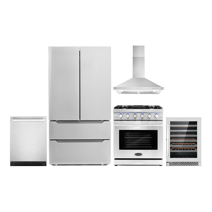 Cosmo Package - 30" Gas Range, Wall Mount Range Hood, Dishwasher, Refrigerator with Ice Maker and Wine Cooler, COS-5PKG-078