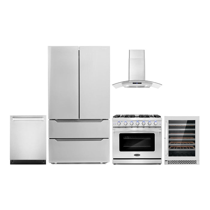 Cosmo Package - 36" Gas Range, Wall Mount Range Hood, Dishwasher, Refrigerator with Ice Maker and Wine Cooler, COS-5PKG-090