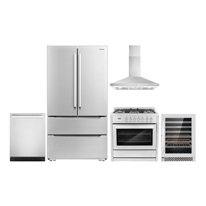 Cosmo Package - 36" Dual Fuel Range, Wall Mount Range Hood, Dishwasher, Refrigerator with Ice Maker and Wine Cooler, COS-5PKG-135